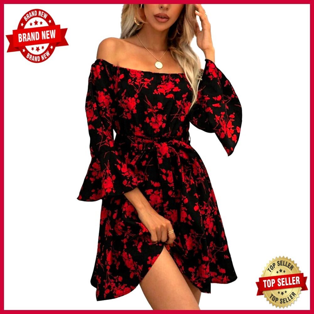 Off Shoulder Ruffle Floral Dress A Line Shift Skater With Belt Elegant Vintage